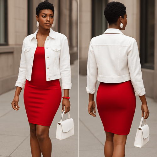 Black woman
Bodycon red dress 
White button down jacket 
 White earrings and red bracelet 
Pixie cut 
Red heels 
White  purse 
