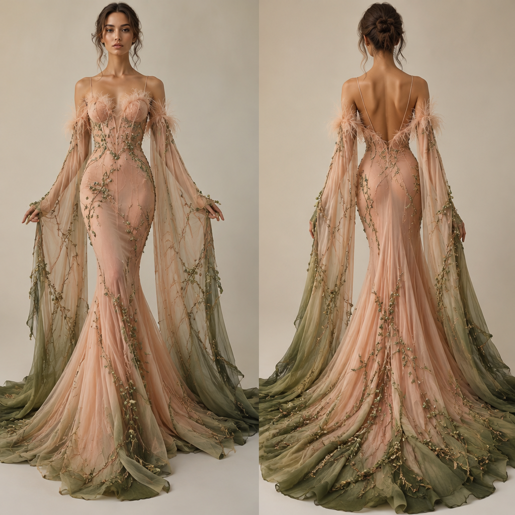 A Female fashion design. the fabric Will be very thin at the top and it'll be have straps at the top and the color is peach at the top it will have feathers along the lines of where the top meets the straps will go all the way around. The dress will be very skinny and at the very bottom it will spread out about 4 ft. sleeves will be connected at the bottom but not at the top of the sleeve and at the very bottom of the slave it will flow all the way to the ground and make kind of a train in the back. it will have little berries on it and the berries will be colored light green. The sleeves at the very end like when it flows it will become dark green Present it as professional fashion catalogue photography: the garment is the subject, shown full-length with editorial styling, neutral posing and tasteful, non-suggestive framing.
photorealistic fashion design, A Female fashion design. the fabric Will be very thin at the top and it'll be have straps at the top and the color is peach at the top it will have feathers along the lines of where the top meets the straps will go all the way around. The dress will be very skinny and at the very bottom it will spread out about 4 ft. sleeves will be connected at the bottom but not at the top of the sleeve and at the very bottom of the slave it will flow all the way to the ground and make kind of a train in the back. it will have little berries on it and the berries will be colored light green. The sleeves at the very end like when it flows it will become dark green Present it as professional fashion catalogue photography: the garment is the subject, shown full-length with editorial styling, neutral posing and tasteful, non-suggestive framing., just the design no text