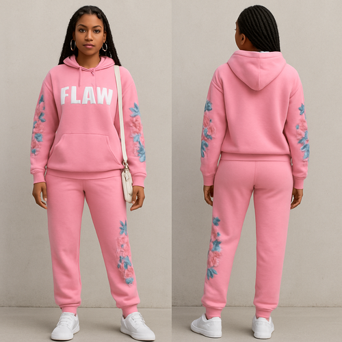 A pink jogging suit with the word FLAW on the hoodie and the jogging pants with flowers as a design flowers on the hoodie sleeves a gold chain and gold hoop earrings and Nike shoes and  box braids white cross body purse 