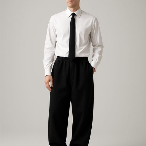 White plain long sleeve shirt with black button up underneath showing collar and oversized black sweat pants  and add a tie, show head to toe