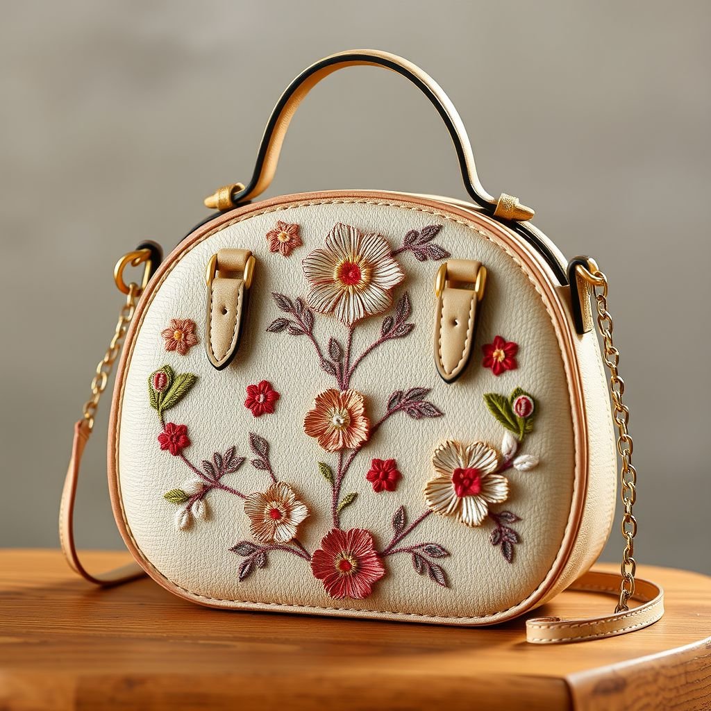 A handbag with the name “Da’Vine” on it
Design a vintage-inspired handbag named “Da’Vine,” featuring intricate hand-stitched floral embroidery and rich, textured leather. Incorporate retro brass accents and a rounded silhouette reminiscent of the 1960s. Adorn with a dainty chain strap and a soft pastel color palette, evoking nostalgia while ensuring modern practicality for today’s trendsetters.