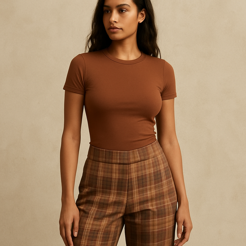 Earthy color Plaid bottoms/ dry fit shirt short sleeve tight top
On female 