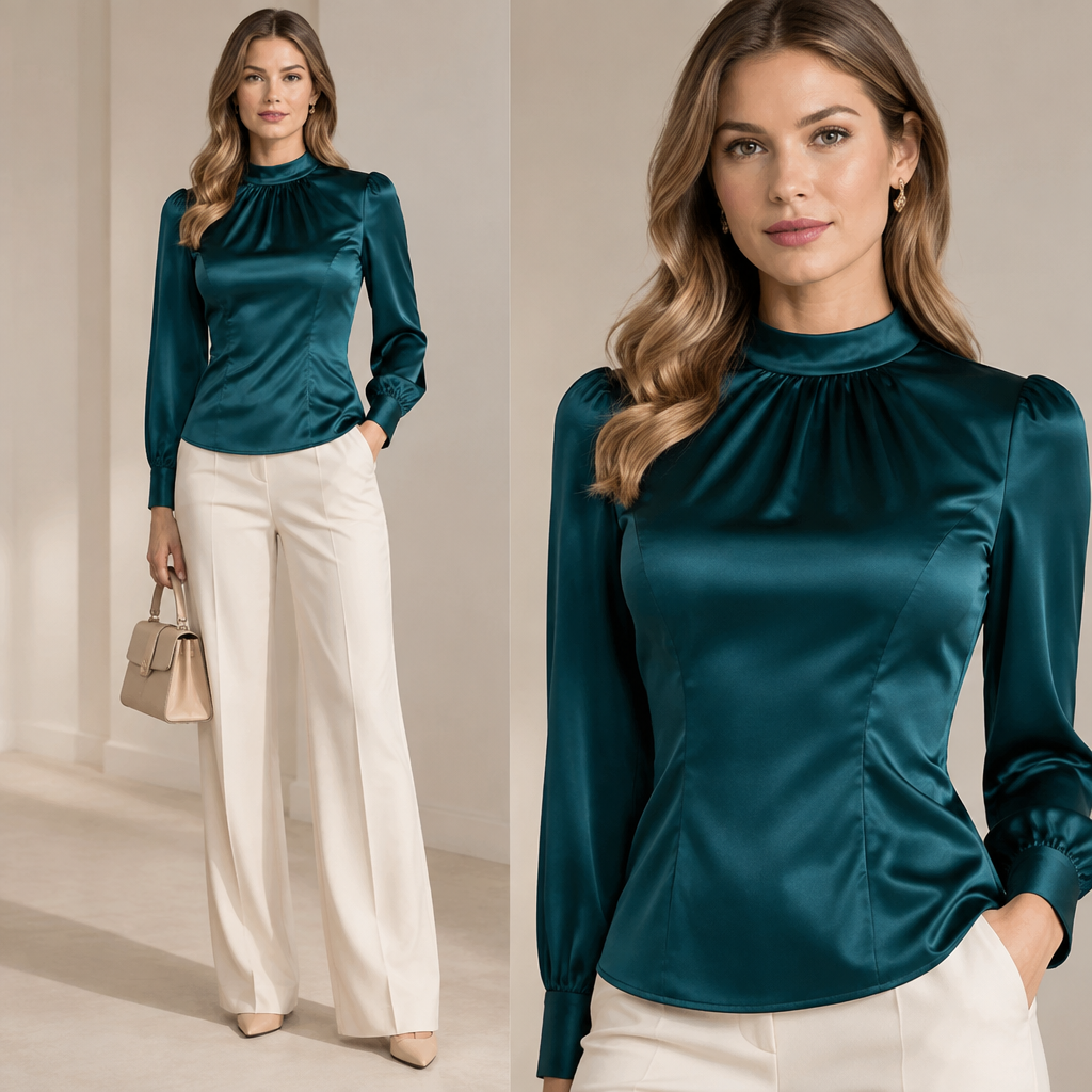 A Female Top design, made of Satin, with a sleek, smooth finish, with a Fitted silhouette, with modest, full coverage: longer hemlines, higher necklines and covered shoulders, in a Jewel Tones color palette, for Work, suitable for Spring, in Business style, shown on a model with fair skin and a slim figure. Corsé ajustado Present it as professional fashion catalogue photography: the garment is the subject, shown full-length with editorial styling, neutral posing and tasteful, non-suggestive framing.
photorealistic fashion design, A Female Top design, made of Satin, with a sleek, smooth finish, with a Fitted silhouette, with modest, full coverage: longer hemlines, higher necklines and covered shoulders, in a Jewel Tones color palette, for Work, suitable for Spring, in Business style, shown on a model with fair skin and a slim figure. Corsé ajustado Present it as professional fashion catalogue photography: the garment is the subject, shown full-length with editorial styling, neutral posing and tasteful, non-suggestive framing., business style, just the design no text