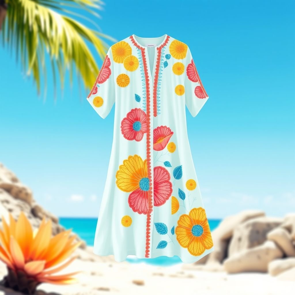 Give me summer abstract embroidered Pattern on long shirt in summer breazy colors pallets
Design a long, flowy shirt adorned with abstract embroidery featuring vibrant summer hues—soft corals, sunny yellows, and oceanic blues. The shirt's lightweight fabric drapes elegantly, capturing a breezy silhouette. Emphasize whimsical, organic shapes, mimicking nature's rhythms, to evoke a sense of carefree summer days and endless adventures.