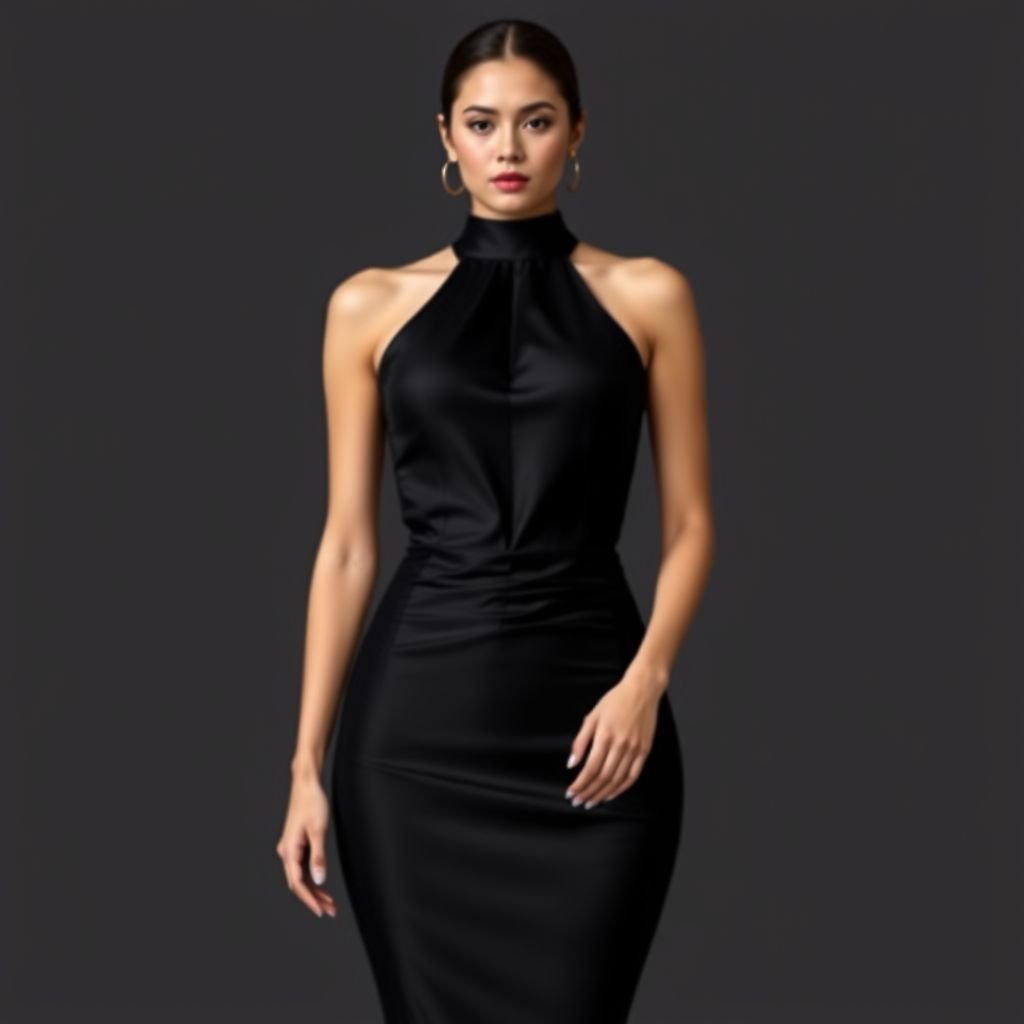 1. Style: A trendy, fitted dress with a ruched effect throughout. 2. Neckline: The dress has a high neckline (tank style) that highlights the neck area. 3. Details: A central seam runs down the dress, creating a ruched effect that accentuates the waist and hips. 4. Fabric: The material appears smooth and slightly glossy, adding an element of elegance. 5. Shape: The dress clings to the body, especially around the bust and hips, visually emphasizing curves. Color dress black
Design an elegant black fitted dress exuding sophistication. Featuring a high tank neckline that gracefully frames the collarbone, the dress showcases a central seam with a flattering ruched effect enhancing the waist and hips. Crafted from smooth, glossy fabric, it caresses the body, creating a stunning silhouette that whispers luxury.