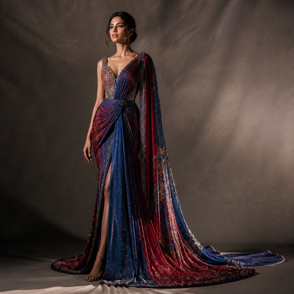 design a red carpet dress with blue mixed colour and quite expensive. India fashion aesthetics.
photorealistic fashion design, design a red carpet dress with blue mixed colour and quite expensive. India fashion aesthetics., just the design no text