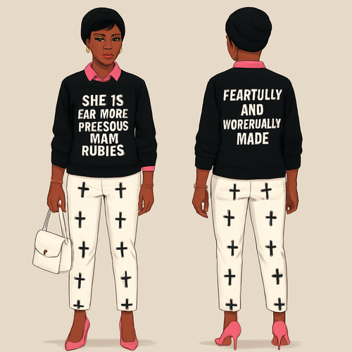Black woman 
Pixie cut 
Black beanie 
Pink collared shirt 
Black sweater shirt says she far more precious than rubies in white 
On the back it says fearfully and wonderfully made in white 
White pants with black crosses on them 
Pink heels 
White purse 
Gold jewelry 


