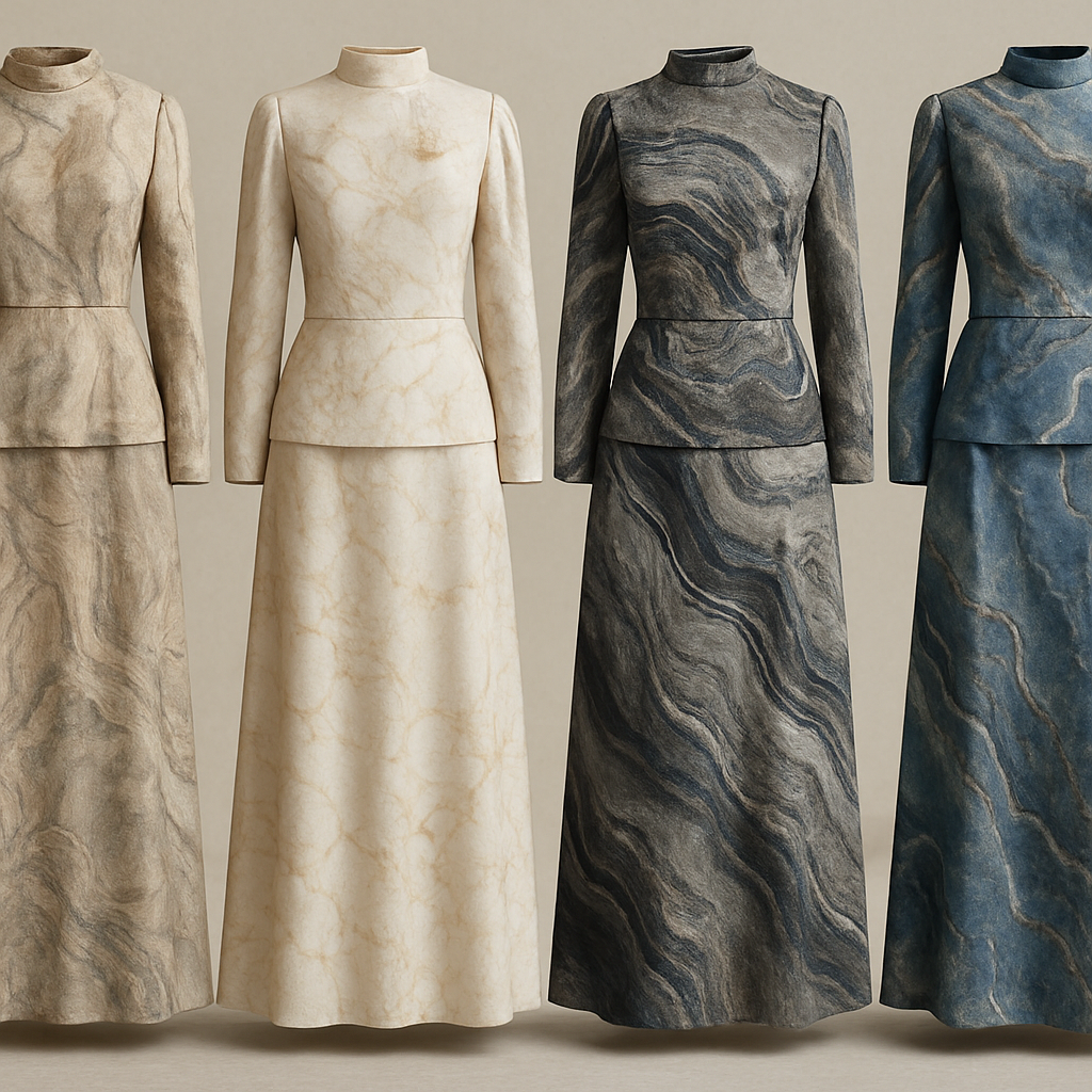 Create a modest two piece dress, first of its kind, featuring a unique stone design that exudes a classy and sophisticated vibe. I'd like four designs, each showcasing different styles and fabrics. Incorporate high-end, unique chic stone designs to make them truly special. Add little sophisticated stone designs. Make it irresistible with designs that stands out.

Create a modest two piece dress, first of its kind, featuring a unique stone design that exudes a classy and sophisticated vibe. I'd like four designs, each showcasing different styles and fabrics. Incorporate high-end, unique chic stone designs to make them truly special. Add little sophisticated stone designs. Make it irresistible with designs that stands out.