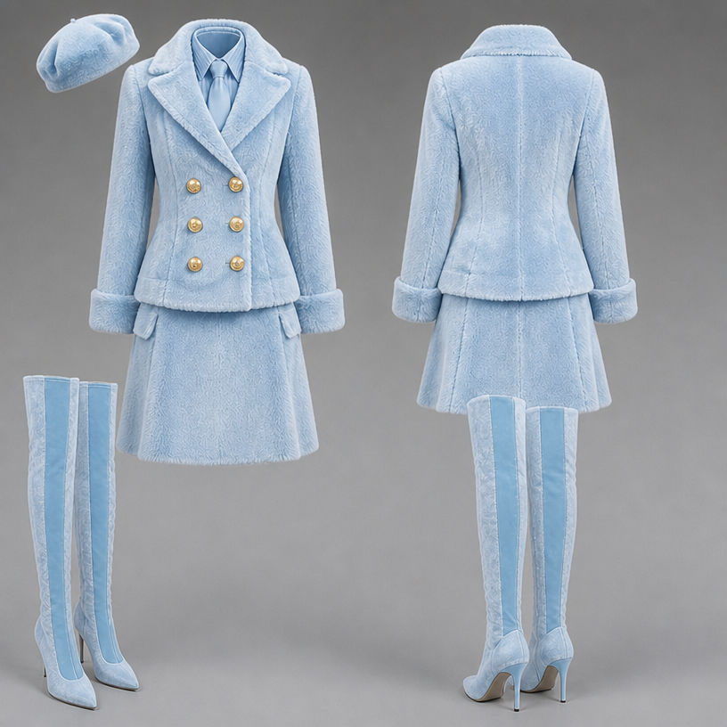 Make this same outfit in baby blue
edit the attached fashion design with these instructions: Make this same outfit in baby blue. keep it photorealistic, just the design no text
