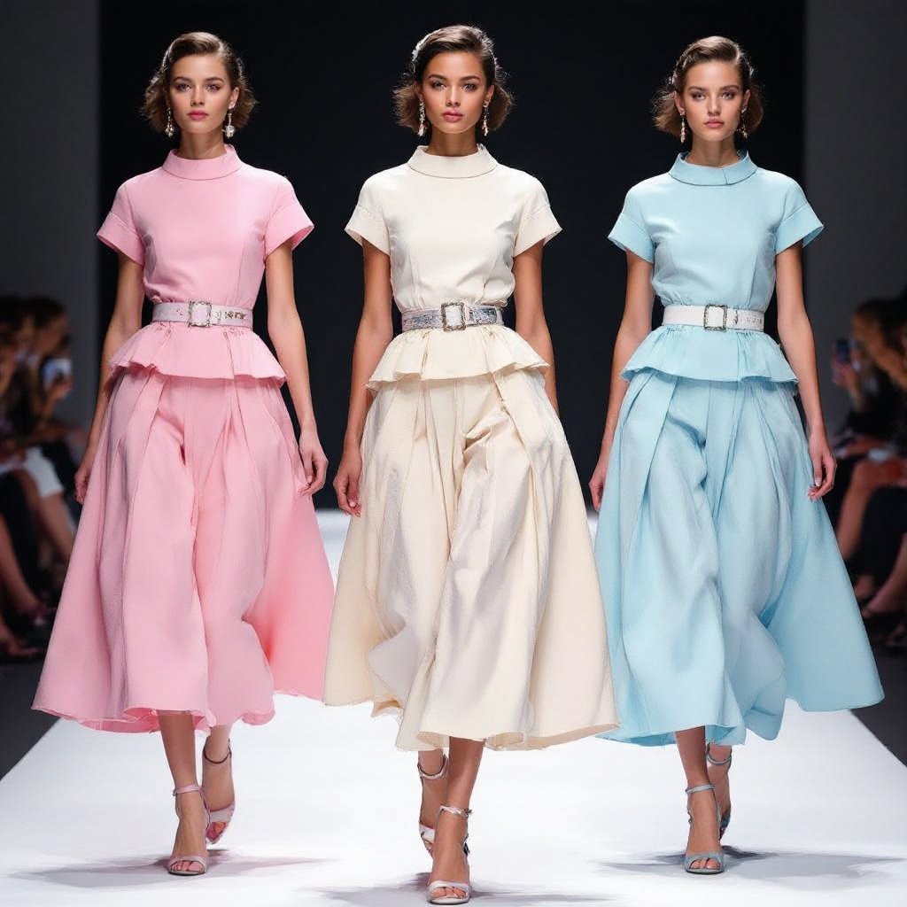 three classic inspired 50’s top and skirt set in pastel tones, runway sketch style
Three classic-inspired 1950s top and skirt sets in pastel tones, runway sketch style. The sets feature fitted tops with short sleeves and full, A-line skirts with a natural waist.