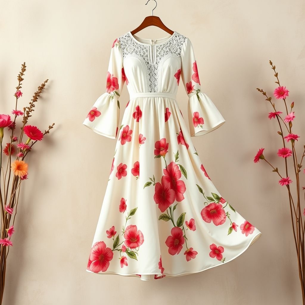 Semi long White dress with big floral prints on the bottom
Design a semi-long vintage white dress, featuring cascading big floral prints reminiscent of 1960s bohemian chic. The bodice elegantly hugs the figure with delicate lace trim, while the flowing skirt flares softly to the ankle, adorned with vibrant blossoms. Complete with retro bell sleeves for an enchanting, timeless allure.