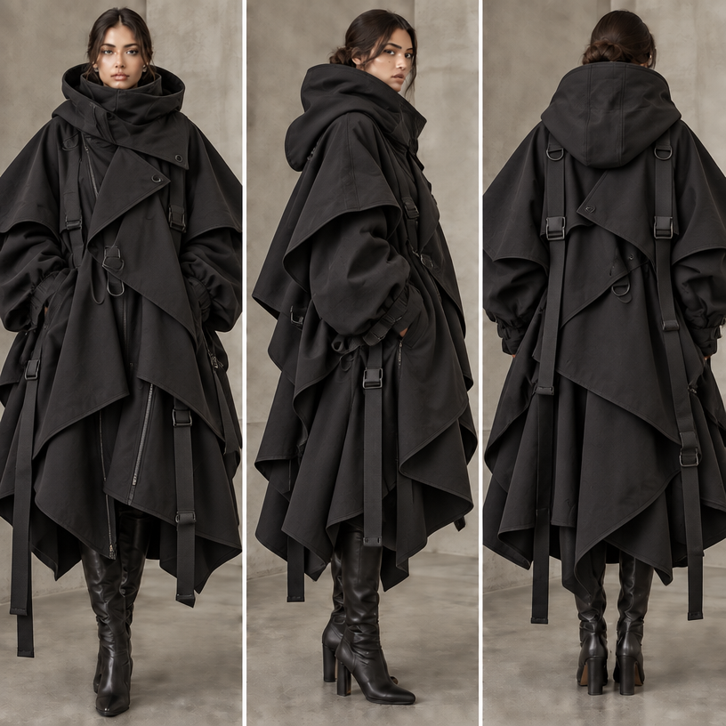 An extremely oversized women’s black jacket with a dramatic, voluminous and asymmetrical silhouette. The jacket should be intentionally very large, spacious and sculptural, with an exaggerated oversized fit, wide shoulders, a large body and abundant fabric. It should look futuristic, sophisticated and architectural while remaining practical and wearable.
The jacket features a very large, oversized high collar combined with a deep hood-like neckline that wraps generously around the neck and shoulders. The collar should have a soft, voluminous construction and create a dramatic layered appearance.
The main design feature is the asymmetrical layered construction across the front. Multiple large fabric panels overlap and cross over one another diagonally, creating a maze-like, interwoven effect. The panels should look three-dimensional and physically attached to the jacket rather than printed onto the fabric. Some panels extend outward from the body and create additional volume and movement.
The front closure is partially hidden beneath the overlapping layers, with visible zippers, metal fasteners and adjustable hardware integrated into the construction. Several long black straps extend from the jacket and hang freely down the sides, creating an elongated asymmetric effect. The straps should be functional-looking and adjustable.
The sleeves are extremely oversized and voluminous, with wide balloon-like construction and multiple gathered sections creating dramatic folds. The cuffs are adjustable and slightly tapered toward the wrists.
The back should continue the layered asymmetrical concept, with overlapping panels creating a sculptural geometric pattern. The jacket should maintain its oversized volume from every angle.
Use high-quality matte black technical fabric with a slightly water-resistant appearance, soft structure and realistic folds. Add subtle black-on-black zippers, buckles, rings and hardware.
EXTREME OVERSIZED VOLUME IS ESSENTIAL. Make the jacket dramatically oversized — much larger than a normal oversized jacket. The shoulders, sleeves, collar and body must all have exaggerated volume and abundant fabric. The jacket should look spacious enough to comfortably layer over thick clothing. Do not make it fitted, slim or narrow. Do not reduce the volume.
Photorealistic high-fashion streetwear photography on a real female model, realistic technical fabric, natural folds and physically believable garment construction. Show the front, side and back clearly. Preserve all asymmetrical overlapping panels, long straps, oversized collar, huge sleeves, zippers and hardware. The final garment must look realistic, wearable and physically manufacturable.
edit the attached fashion design with these instructions: An extremely oversized women’s black jacket with a dramatic, voluminous and asymmetrical silhouette. The jacket should be intentionally very large, spacious and sculptural, with an exaggerated oversized fit, wide shoulders, a large body and abundant fabric. It should look futuristic, sophisticated and architectural while remaining practical and wearable.
The jacket features a very large, oversized high collar combined with a deep hood-like neckline that wraps generously around the neck and shoulders. The collar should have a soft, voluminous construction and create a dramatic layered appearance.
The main design feature is the asymmetrical layered construction across the front. Multiple large fabric panels overlap and cross over one another diagonally, creating a maze-like, interwoven effect. The panels should look three-dimensional and physically attached to the jacket rather than printed onto the fabric. Some panels extend outward from the body and create additional volume and movement.
The front closure is partially hidden beneath the overlapping layers, with visible zippers, metal fasteners and adjustable hardware integrated into the construction. Several long black straps extend from the jacket and hang freely down the sides, creating an elongated asymmetric effect. The straps should be functional-looking and adjustable.
The sleeves are extremely oversized and voluminous, with wide balloon-like construction and multiple gathered sections creating dramatic folds. The cuffs are adjustable and slightly tapered toward the wrists.
The back should continue the layered asymmetrical concept, with overlapping panels creating a sculptural geometric pattern. The jacket should maintain its oversized volume from every angle.
Use high-quality matte black technical fabric with a slightly water-resistant appearance, soft structure and realistic folds. Add subtle black-on-black zippers, buckles, rings and hardware.
EXTREME OVERSIZED VOLUME IS ESSENTIAL. Make the jacket dramatically oversized — much larger than a normal oversized jacket. The shoulders, sleeves, collar and body must all have exaggerated volume and abundant fabric. The jacket should look spacious enough to comfortably layer over thick clothing. Do not make it fitted, slim or narrow. Do not reduce the volume.
Photorealistic high-fashion streetwear photography on a real female model, realistic technical fabric, natural folds and physically believable garment construction. Show the front, side and back clearly. Preserve all asymmetrical overlapping panels, long straps, oversized collar, huge sleeves, zippers and hardware. The final garment must look realistic, wearable and physically manufacturable.. keep it photorealistic, just the design no text