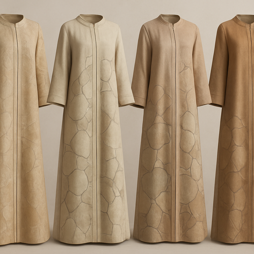 Create a modest two-piece linen abaya, the first of its kind, featuring a unique stone design that exudes a classy and sophisticated vibe. I’d like four designs, each showcasing different styles and fabrics. Incorporate high-end, unique chic stone designs to make them truly special. Add little sophisticated stone designs.