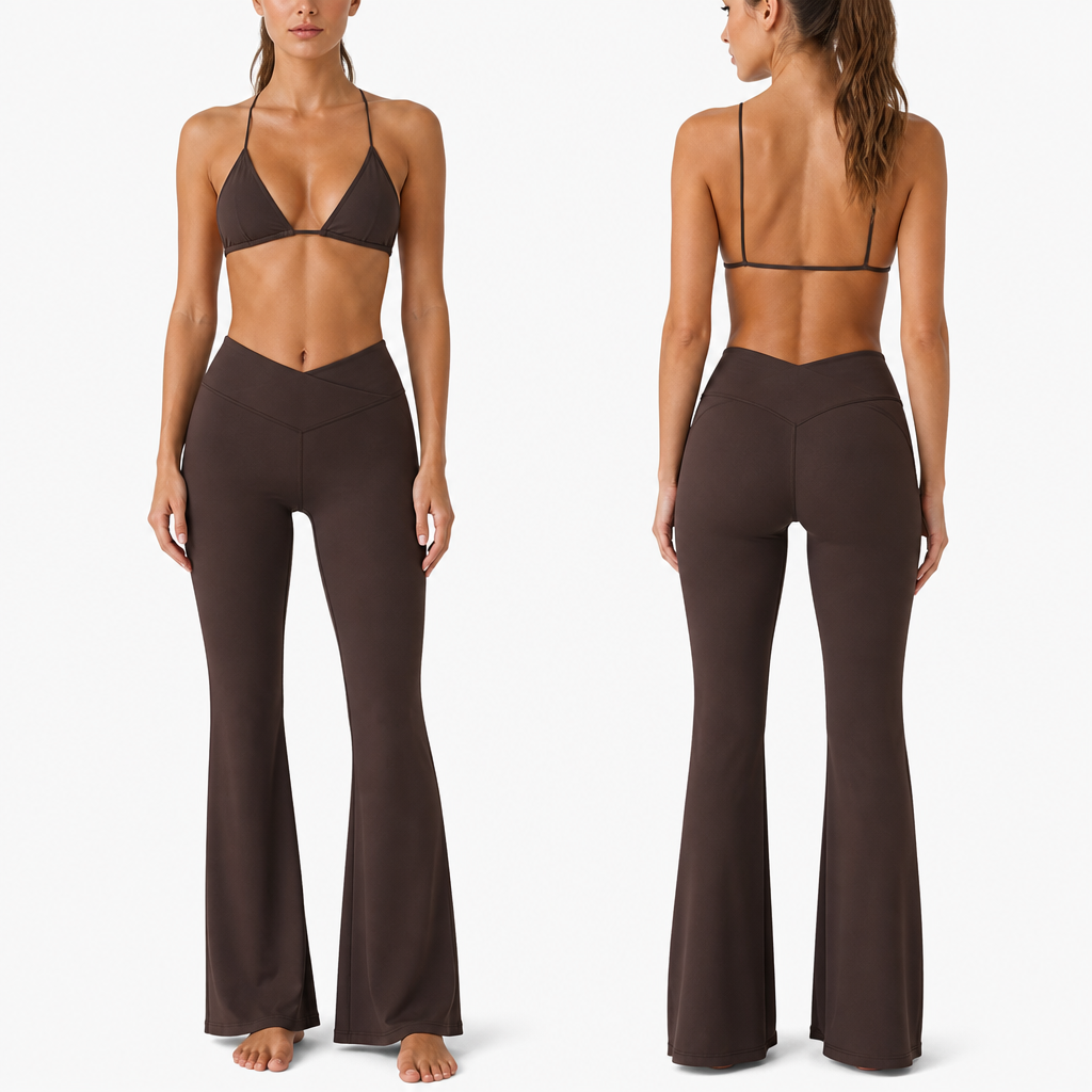 Triangle Top:
The top has a triangle shape with cups, similar to a bandeau swimsuit. Fabric is nylon-spandex (quick-drying), composition 80/20 or 78/22, weight 200–220 gsm. Built-in cups provide bust support up to size XL. The back is maximally open with minimal straps — either thin spaghetti straps or one horizontal strap. Neckline is V-neck or straight. Fitted model.
Flared Leggings:
High-rise leggings, fitted through the thigh and flared from the knee (or from the calf) downward. Fabric is nylon-spandex, weight 220–240 gsm. The waistline has a triangular shape — V-shaped cut at the front, narrowing toward the crotch. Waistband is wide (5–7 cm) for tummy control. Full length, ankle-length or slightly longer, with a flare that creates a soft flowing silhouette. Flat-lock seams with a gusset for freedom of movement. Contoured seams on the glutes create a visual lifting effect.
photorealistic fashion design, Triangle Top:
The top has a triangle shape with cups, similar to a bandeau swimsuit. Fabric is nylon-spandex (quick-drying), composition 80/20 or 78/22, weight 200–220 gsm. Built-in cups provide bust support up to size XL. The back is maximally open with minimal straps — either thin spaghetti straps or one horizontal strap. Neckline is V-neck or straight. Fitted model.
Flared Leggings:
High-rise leggings, fitted through the thigh and flared from the knee (or from the calf) downward. Fabric is nylon-spandex, weight 220–240 gsm. The waistline has a triangular shape — V-shaped cut at the front, narrowing toward the crotch. Waistband is wide (5–7 cm) for tummy control. Full length, ankle-length or slightly longer, with a flare that creates a soft flowing silhouette. Flat-lock seams with a gusset for freedom of movement. Contoured seams on the glutes create a visual lifting effect.
, just the design no text, show front and back