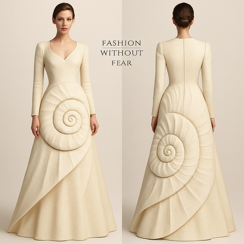 Fashion without fear is my collection and the seashell is my inspiration.
I want a full dress with the spiral nature of the shell. It should be a mode dress with sleeves and the neckline should be like the opening of the shell