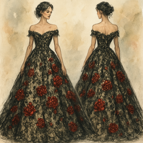 Lace black with champagne underlay wedding dress with off the shoulder sleeves with sequined red roses cascading around the dress.