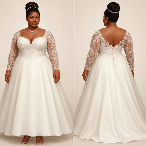 Black woman
Thick woman 
Updo with pearls 
Wedding dress
Lace chest melted 
Diamond necklace and diamond bracelet 
Ballroom style dress with flare out 
Breast cut 
Lifted up chest
Lace sleeves with clear designs 
Clear heels