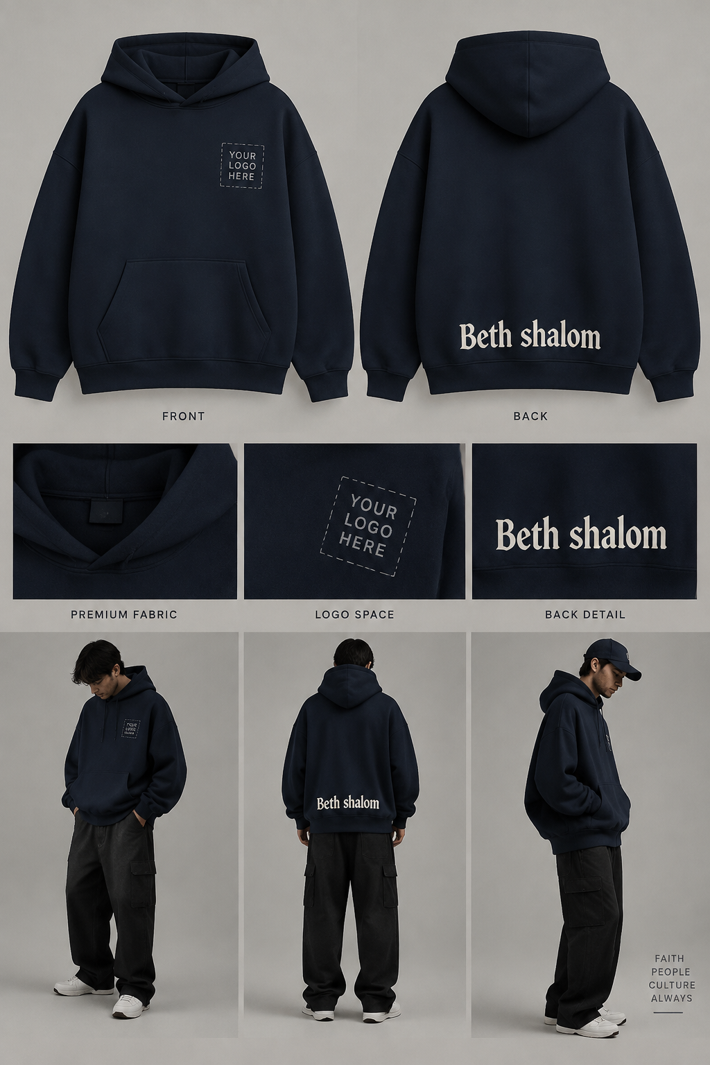 Dame un hoodie de color azul oscuro con el espacio para un logo y en la espalda baja escrito Beth shalom
Dame un hoodie de color azul oscuro con el espacio para un logo y en la espalda baja escrito Beth shalom , streetwear style