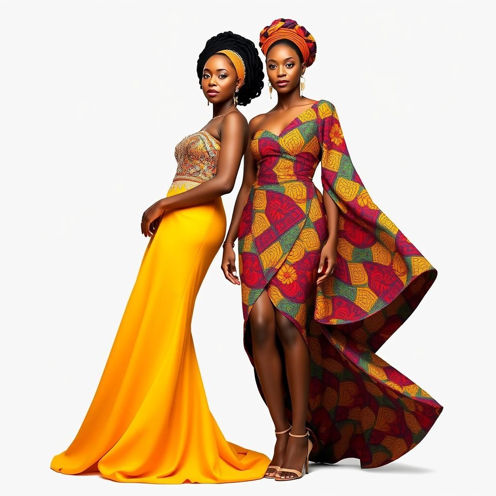 Bride and one of her bridesmaids
Design an elegant African bridal gown featuring intricate beadwork and vibrant kente cloth, flowing gracefully to the floor. The bridesmaid wears a matching, colorful wrap dress with asymmetrical hems and bold Ankara patterns. Accessories include beaded headpieces and statement earrings, celebrating cultural heritage while exuding modern sophistication and unity.