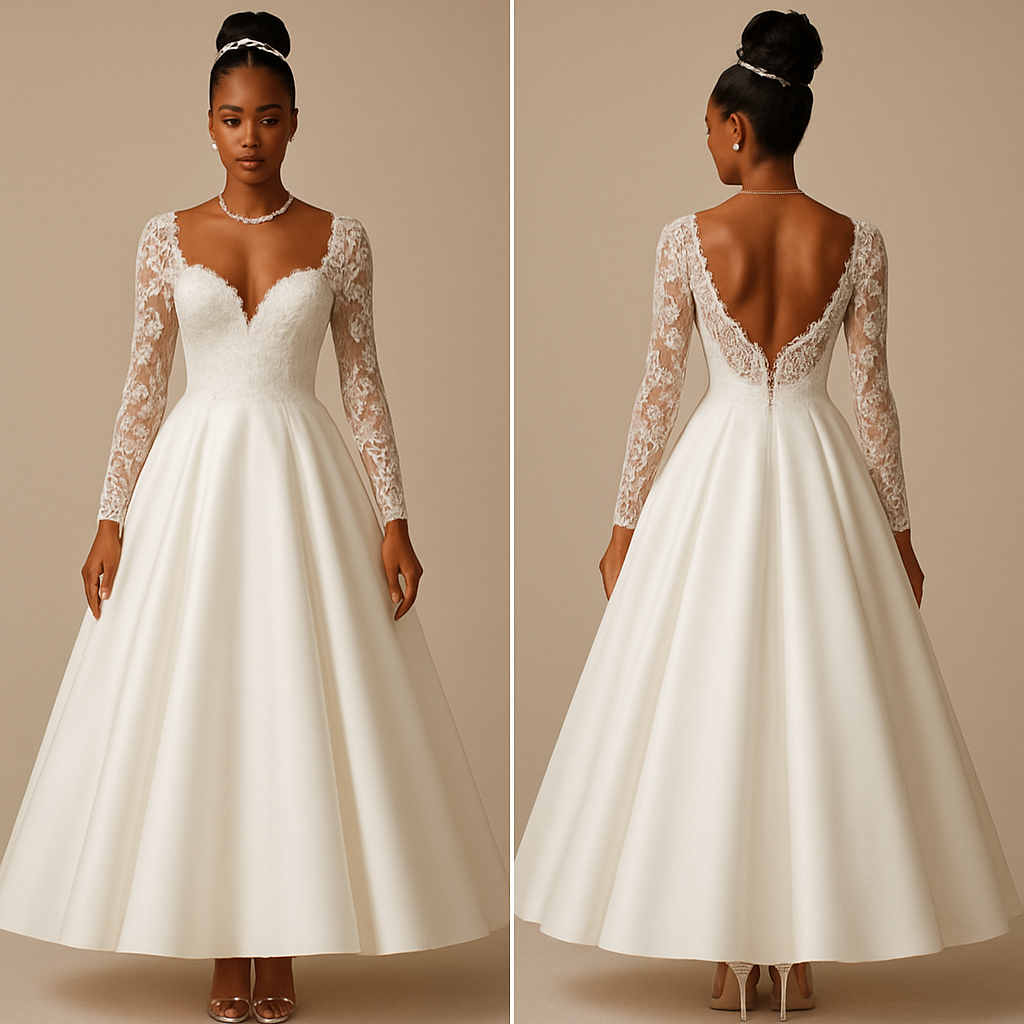 Black woman
Think woman 
Updo with pearls 
Wedding dress
Lace chest melted 
Diamond necklace and diamond bracelet 
Ballroom style dress with flare out 
Breast cut 
Lifted up chest
Lace sleeves with clear designs 
Clear heels 
Black woman
Think woman 
Updo with pearls 
Wedding dress
Lace chest melted 
Diamond necklace and diamond bracelet 
Ballroom style dress with flare out 
Breast cut 
Lifted up chest
Lace sleeves with clear designs 
Clear heels 
, show front and back