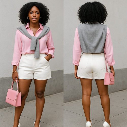 Black woman 
Pink collared blouse 
White shorts 
Grey sweater 
Pink purse
White heels 
Gold jewelry 

