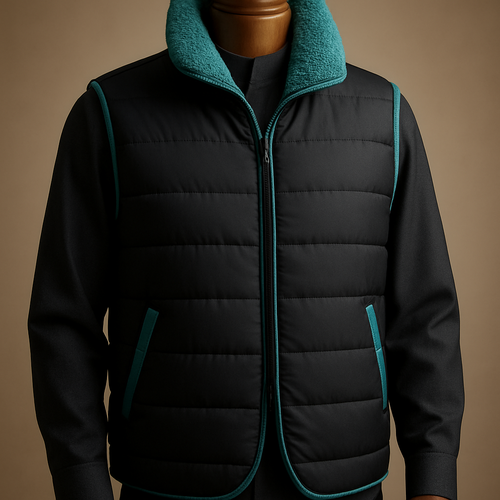 
Photorealistic commercial product shot of an original men's reversible quilted vest on a premium polished wooden full‑torso mannequin. Primary side: very deep matte black with horizontal channel quilting; accent trims and pocket edges slightly desaturated turquoise (HEX #46C9C1). Collar: lowered funnel collar, turned up and neatly styled to clearly show sheep‑shearling fleece pile — additionally, the collar edge is finished with a pronounced stuffed turquoise shearling trim forming a continuous padded ring around the collar to make the fur pile visibly raised and plush. Shearling color: slightly desaturated turquoise (HEX #46C9C1). Fastening: fully concealed matte black zipper, no buttons. Features: horizontal quilting, subtle asymmetrical hem, refined stitch details, realistic fabric texture. Styling: worn over a dark charcoal Saudi thobe, posed on a luxurious polished wooden mannequin. Lighting: studio luxury catalogue lighting — soft directional key light from left, gentle rim light from right, neutral warm backdrop, shallow depth of field. Camera: 85mm equivalent, f/4, high detail, ultra‑realistic commercial product photography. No logos, no text, no watermark, not a replica.

Negative prompt:
lowres, watermark, text, logo, signature, oversaturated, cartoon, painterly, deformed anatomy, extra limbs, blurred, noisy, unnatural color casts

Suggested generation settings:
- Sampler: DPM++ or Euler a  
- Steps: 20–30  
- Guidance / CFG scale: 7–9  
- Resolution: 1024x1536 (portrait/full‑torso)  
- Use high-detail / texture enhancement if available to emphasize shearling pile