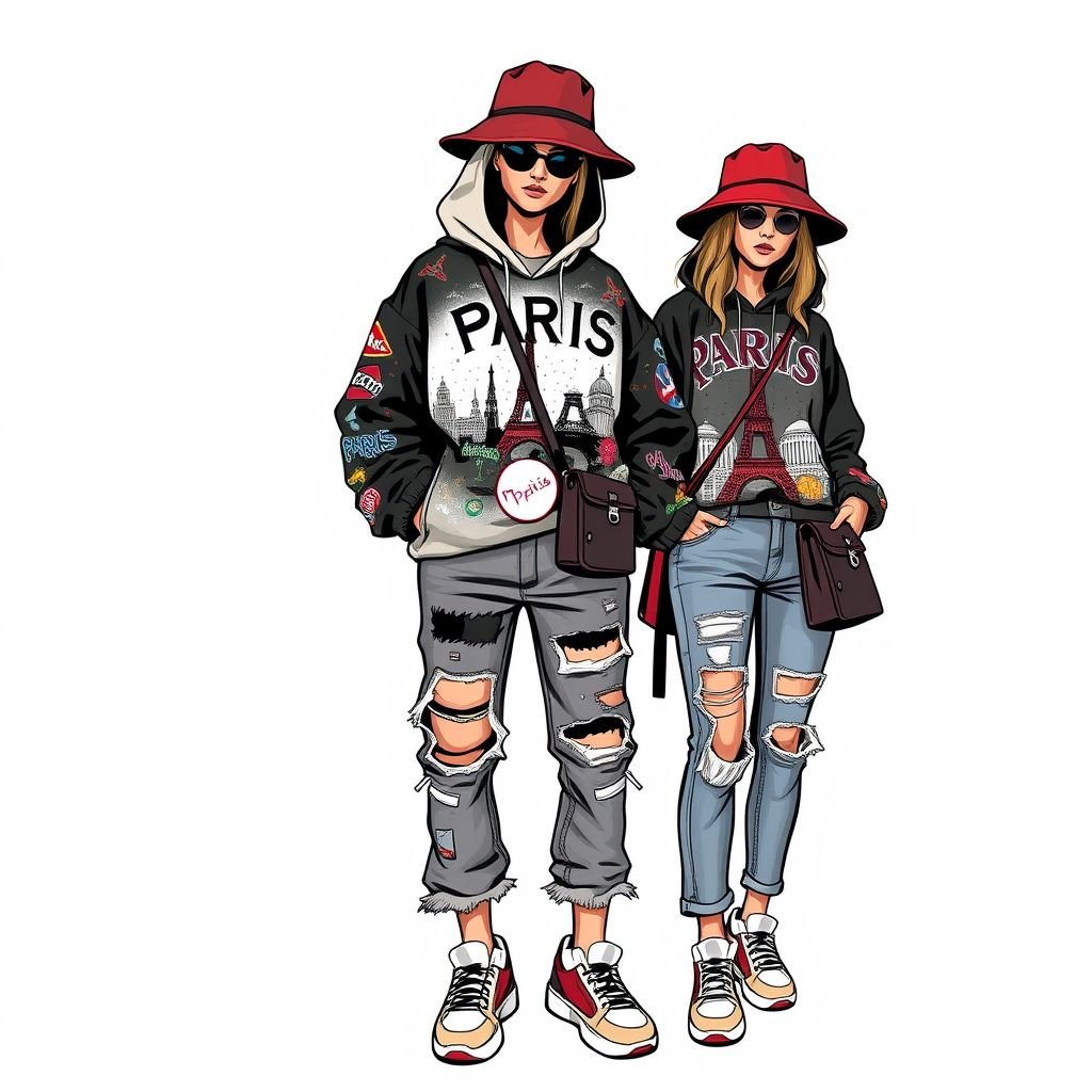 Paris
Design an edgy Parisian streetwear outfit that blends urban chic with classic French flair. Think oversized hoodies adorned with graffiti-inspired prints, distressed denim with unique patchwork, and chunky sneakers. Layer with a statement jacket featuring intricate embroidery showcasing iconic Paris landmarks, and accessorize with bold bucket hats and crossbody bags.
