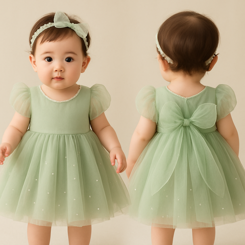 一歳の女の子着用画
優しいグリーンと白いパールの組み合わせの妖精みたいなドレス
ヘッドアクセサリーもつけて