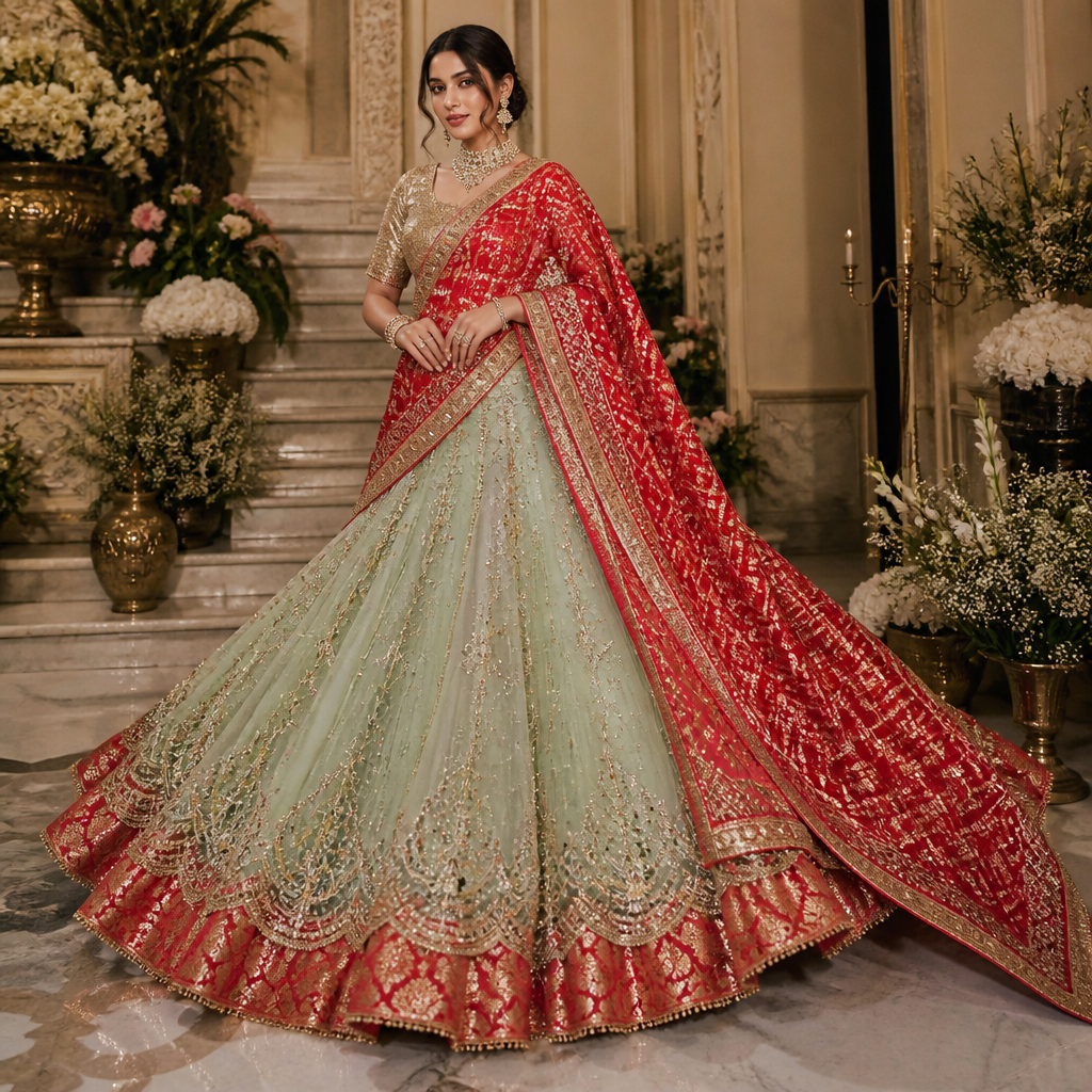 photorealistic fashion design, photorealistic fashion design, photorealistic fashion design, photorealistic fashion design, photorealistic fashion design, photorealistic fashion design, photorealistic fashion design, A Female Dress design, for Wedding. Mehendi green shimmer net fabric drape prestitched saree with heavy flare and red gharchola pallu and golden tissue blouse stylish. Design with modest coverage., just the design no text. Refinement: Green colour should be light mehendi green , just the design no text. Refinement: The entire drape also should be of red gharchola, just the design no text. Refinement: Go back to the previous design , just the design no text. Refinement: Give Red brocade border of 5 inches at the bottom in frill pattern, just the design no text. Refinement: In this same outfit...give more flare to the saree and make the red brocade frill at the bottom more stylish...and also the entire drape portion of the saree and pally should be of Red heavy gharchola , just the design no text. Refinement: In this same outfit...give more flare to the saree and that should be of pista green net fabric make the red brocade frill at the bottom more stylish...and also the entire drape portion of the saree and pallu should be of Red heavy gharchola , just the design no text. Refinement: In this same outfit...give heavy scalloped embroidery of red and golden crystal stones on the green portion of the saree and reduce the width of red brocade border at the bottom by 1.5 inches
photorealistic fashion design, photorealistic fashion design, photorealistic fashion design, photorealistic fashion design, photorealistic fashion design, photorealistic fashion design, photorealistic fashion design, photorealistic fashion design, A Female Dress design, for Wedding. Mehendi green shimmer net fabric drape prestitched saree with heavy flare and red gharchola pallu and golden tissue blouse stylish. Design with modest coverage., just the design no text. Refinement: Green colour should be light mehendi green , just the design no text. Refinement: The entire drape also should be of red gharchola, just the design no text. Refinement: Go back to the previous design , just the design no text. Refinement: Give Red brocade border of 5 inches at the bottom in frill pattern, just the design no text. Refinement: In this same outfit...give more flare to the saree and make the red brocade frill at the bottom more stylish...and also the entire drape portion of the saree and pally should be of Red heavy gharchola , just the design no text. Refinement: In this same outfit...give more flare to the saree and that should be of pista green net fabric make the red brocade frill at the bottom more stylish...and also the entire drape portion of the saree and pallu should be of Red heavy gharchola , just the design no text. Refinement: In this same outfit...give heavy scalloped embroidery of red and golden crystal stones on the green portion of the saree and reduce the width of red brocade border at the bottom by 1.5 inches, just the design no text