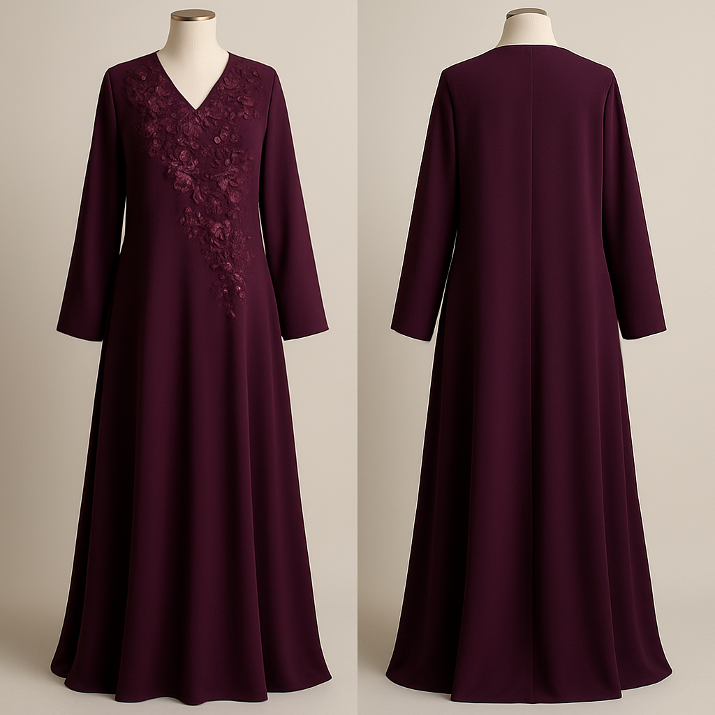 The Half-Bloom Couture Abaya
Tone: Wine / Plum
Design:
One side of the chest beautifully covered with half-blooming flowers and micro stones.
The Half-Bloom Couture Abaya
Tone: Wine / Plum
Design:
One side of the chest beautifully covered with half-blooming flowers and micro stones.
, show front and back