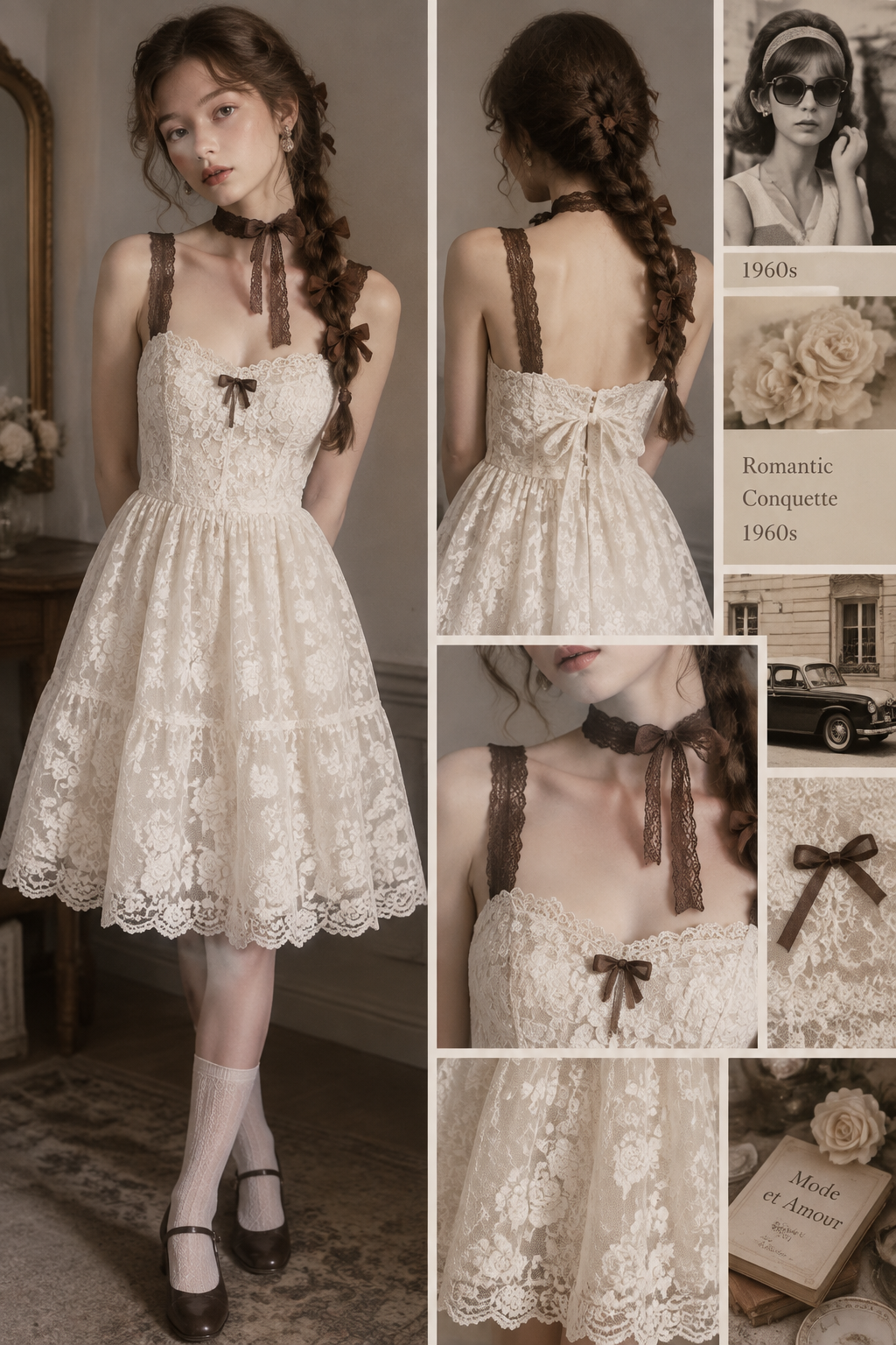 a short dress made of lace with three style harmoniously mixied:1960s,Romatic and conquette.the kind of two strings dress(the strings are not too thin, and are brown).The dress is white.Add roses texture.make the skirt to be almost knee-length,add a brown lace cloth string around the neck and braid her hair,randomly add some little brown bow on it
a short dress made of lace with three style harmoniously mixied:1960s,Romatic and conquette.the kind of two strings dress(the strings are not too thin, and are brown).The dress is white.Add roses texture.make the skirt to be almost knee-length,add a brown lace cloth string around the neck and braid her hair,randomly add some little brown bow on it, sixties style