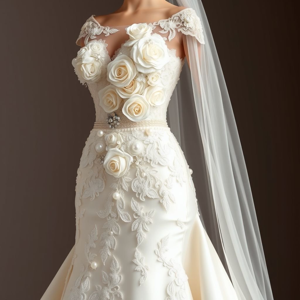 Wedding dress sketch, romantic roses, lace, pearls, rhinestones
Design a breathtaking wedding dress that embodies timeless elegance and romance. Featuring cascading layers of delicate lace adorned with intricate roses, the bodice is accented with shimmering pearls and sparkling rhinestones. The flowing skirt, tailored for sophistication, drapes gracefully, ensuring a regal silhouette perfect for a formal celebration of love.