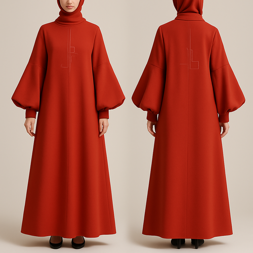 modern, A-line abaya in a bold color. Features statement sleeves and minimalist, geometric embroidery. Stylish, modest, and perfect for everyday wear. And that is not out there yet. Making the designs high end that will stand out for my clothing brand “The Modest Fleur