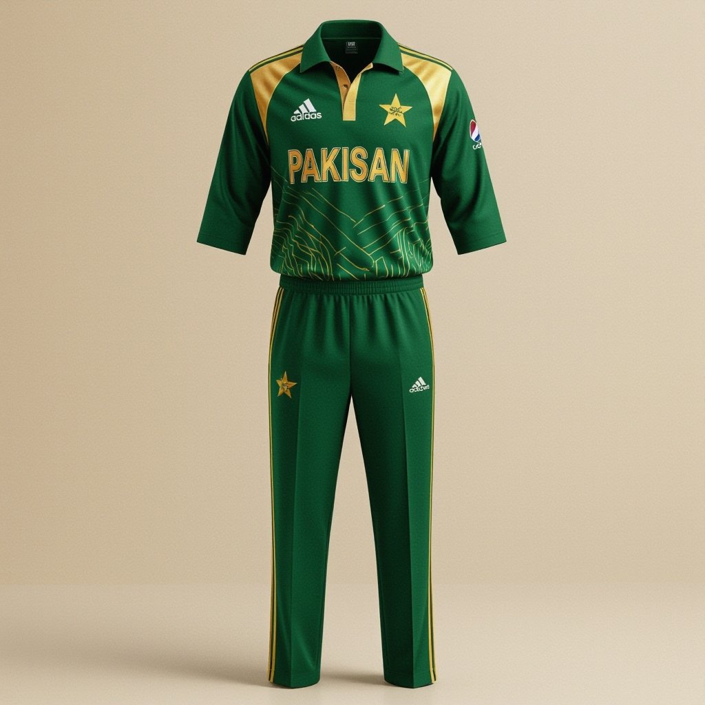A cricket jersey of pakistan wild gold pure shining stars and strips of adidas with trousers
Sporty fashion: Pakistan cricket jersey, gold, cotton, with adidas stripes. Paired with trousers.