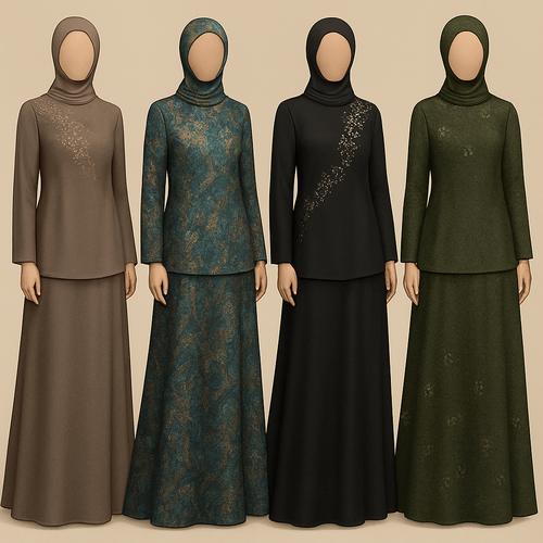 Create me modest two piece that's first in the world, using unique stone design, classy and sophisticated. Keep me 4 designs. Make them rich by adding minimal stone embroidery and stones designs. Showcasing different styles and fabric.