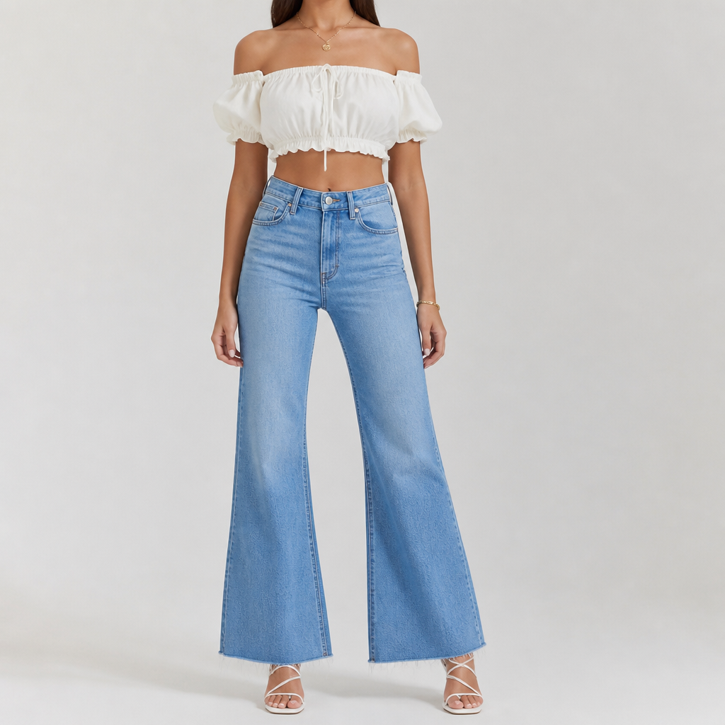 A Female Dress design, suitable for Summer. create an of the shoulder crop top and flared jeans with laced sandal
photorealistic fashion design, A Female Dress design, suitable for Summer. create an of the shoulder crop top and flared jeans with laced sandal, just the design no text