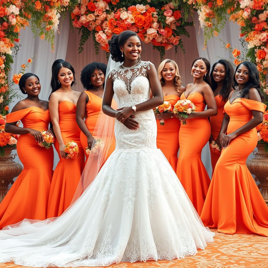 Generates an upclose animation of a black bride bride holding her case smiling and hugging her with her friends who are her bridesmaids havent bridesmaids are all different shapes and sizes and they putting on an orange bond orange colour dress
Create an enchanting fashion scene featuring a black bride in a stunning, intricately beaded wedding gown, exuding joy as she embraces her diverse bridesmaids. Each bridesmaid, confidently rocking vibrant orange dresses in various silhouettes—ballgowns, mermaid styles, and A-lines—reflects their individuality. Together, they radiate love and celebration, surrounded by lush floral arrangements.