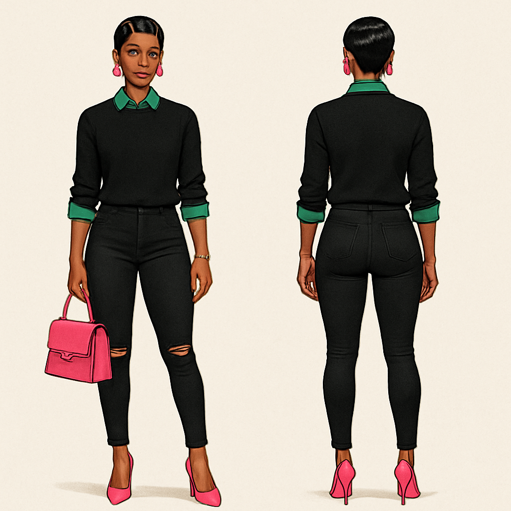 Black woman
Finger waves
Green collared shirt black sweater shirt sleeves rolled up
pink heels
Pink pursue
Pink earrings
Gold bracelet and gold rings
Tight black pants with rips
Black woman
Finger waves
Green collared shirt black sweater shirt sleeves rolled up
pink heels
Pink pursue
Pink earrings
Gold bracelet and gold rings
Tight black pants with rips
, show front and back