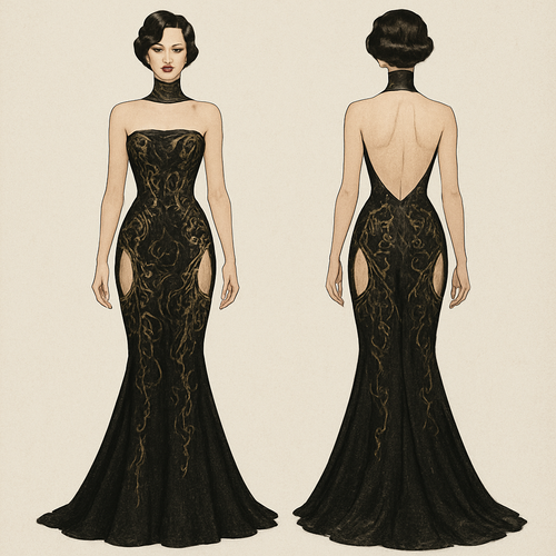 the dress is going to be black with gold thread. A backless and strapless and sleeveless turtleneck, it’s fitted and at the hips there’s two long open pieces which show off a hip window with gold chains that show from both front and back, it also has a mermaid skirt at the bottom.