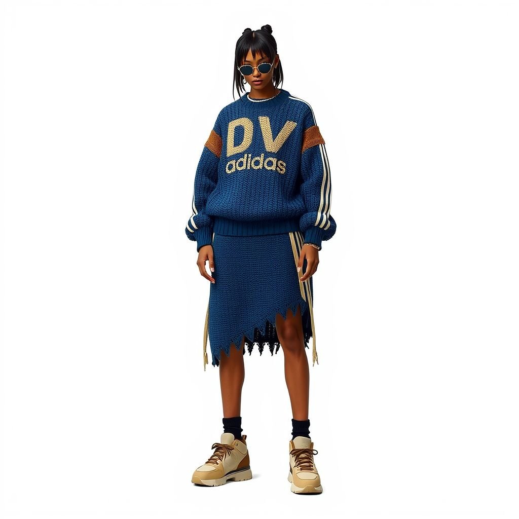 A blue and beige two toned crochet shirt and skirt, that says “DV X Adidas” on it, with 3stripes
Design a striking streetwear ensemble featuring a blue and beige two-toned crochet shirt and matching skirt, integrated with bold “DV X Adidas” branding. Incorporate oversized fit, sleek 3-stripes down the sides, and a raw hem for an edgy vibe. Complete the look with chunky sneakers and statement accessories for urban flair.