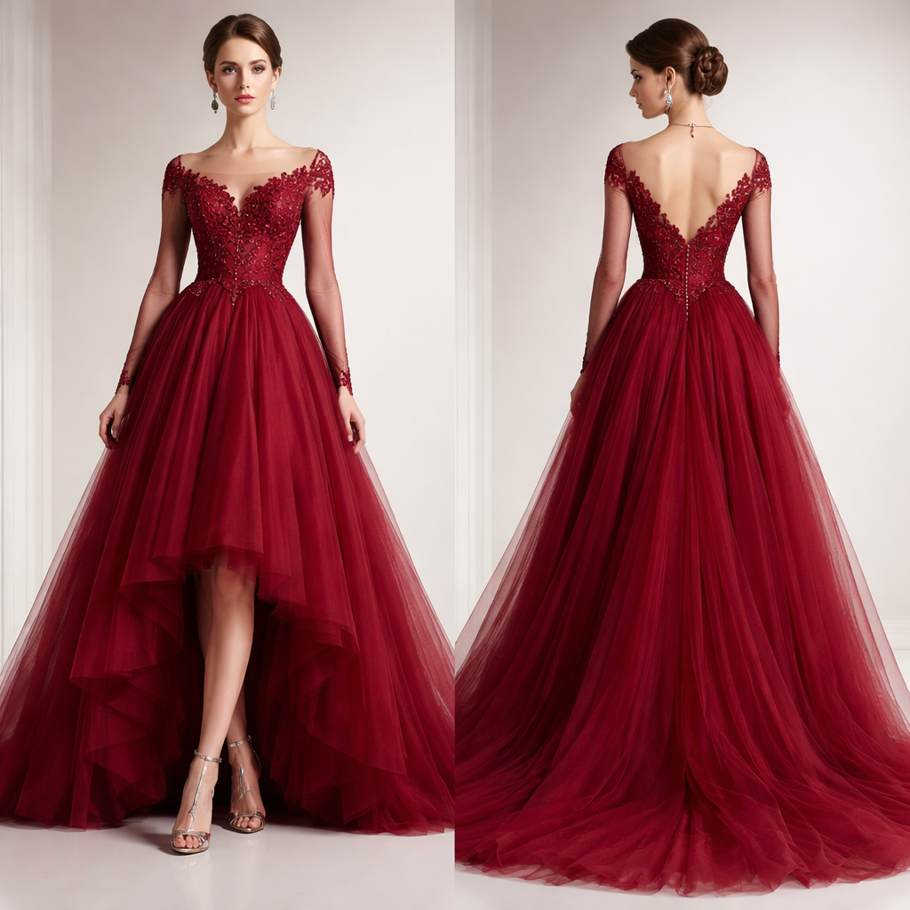 Full tulle silk evening gown with asymmetric hemline only in front, embroidery along the neckline in matching gown color in deep crimson red
Full tulle silk evening gown with asymmetric hemline only in front, embroidery along the neckline in matching gown color in deep crimson red
, elegant style, show front and back