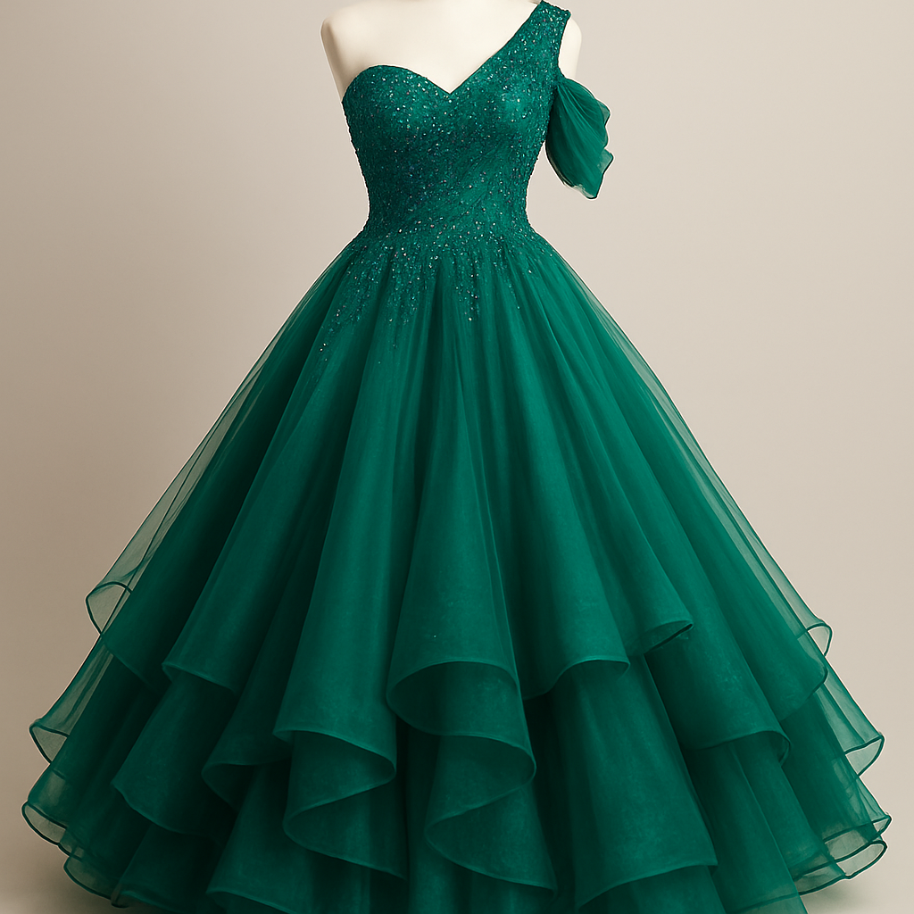 • Color: A striking, vibrant emerald green with hints of royal blue tones that catch the light beautifully.
• Bodice: An asymmetrical, one-shoulder design with intricate beadwork and rhinestone embellishments concentrated across the bodice and shoulder strap, adding sparkle and elegance.
• Skirt: A full, voluminous ball gown skirt made of layers of tulle or organza, giving it a soft, flowing shape. The skirt has layered ruffles with a subtle curled hemline, creating movement and dimension.
• Details: The asymmetry continues on the neckline—one side has a single sparkling strap, while the other has an off-shoulder drape, adding a modern twist to a classic silhouette
• Color: A striking, vibrant emerald green with hints of royal blue tones that catch the light beautifully.
• Bodice: An asymmetrical, one-shoulder design with intricate beadwork and rhinestone embellishments concentrated across the bodice and shoulder strap, adding sparkle and elegance.
• Skirt: A full, voluminous ball gown skirt made of layers of tulle or organza, giving it a soft, flowing shape. The skirt has layered ruffles with a subtle curled hemline, creating movement and dimension.
• Details: The asymmetry continues on the neckline—one side has a single sparkling strap, while the other has an off-shoulder drape, adding a modern twist to a classic silhouette, formal style