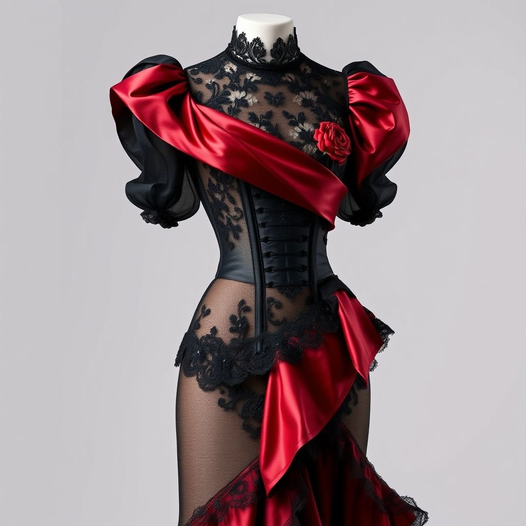 See through black lace corset. Over the corset drape a deep red fabric across the chest in a swoop and add sleeve that match it. The skirt should match the drape and be flowy and textured to add a slight broken look
Craft a stunning haute couture ensemble featuring a sheer black lace corset adorned with intricate floral embroidery. Drape a luxurious deep red satin fabric in an asymmetrical swoop across the bust, complemented by cascading, billowing puff sleeves. The skirt should flow dramatically with a textured, layered effect, evoking a beautifully deconstructed aesthetic.