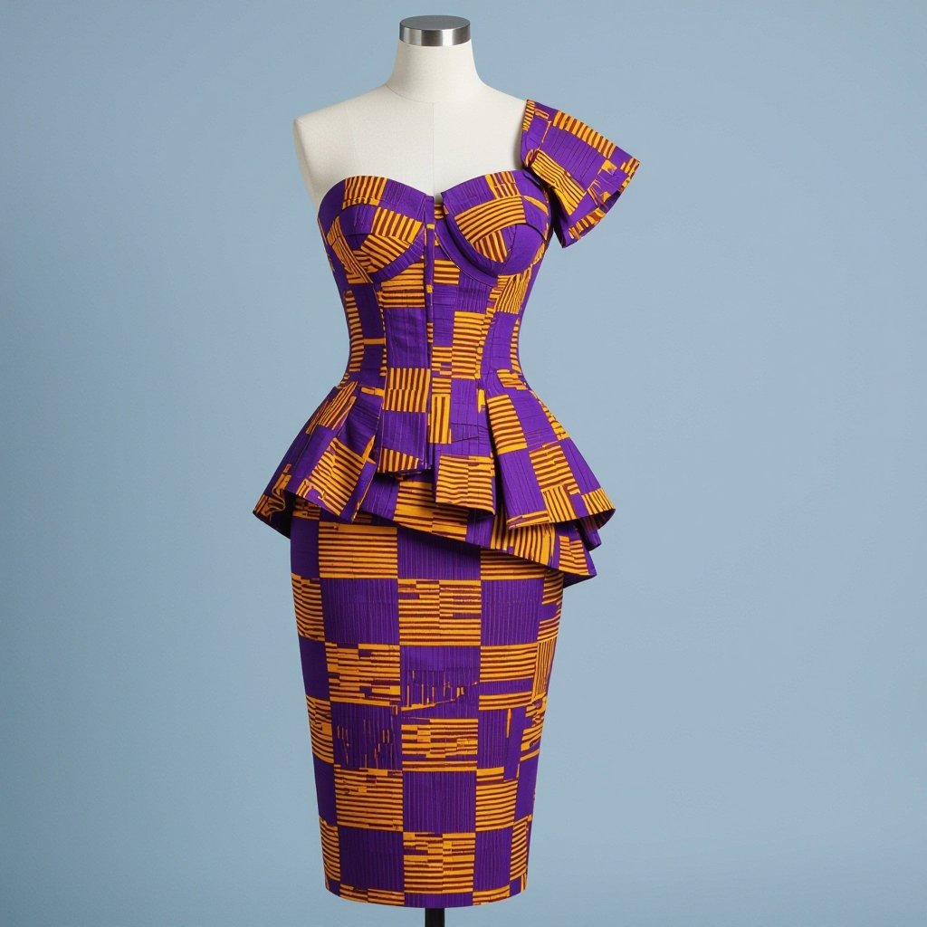 • Corset Top (Purple Kente) → asymmetric neckline (left side ascends, right side has a 90° drop + sweetheart), asymmetric waistline (left side higher, right side drops + curves toward hip). • Skirt (Separate Piece) → six-panel, fitted, no slit, contour at hips, purple kente.
Purple Kente corset top with asymmetric neckline and waistline. Paired with a fitted, six-panel Purple Kente skirt.