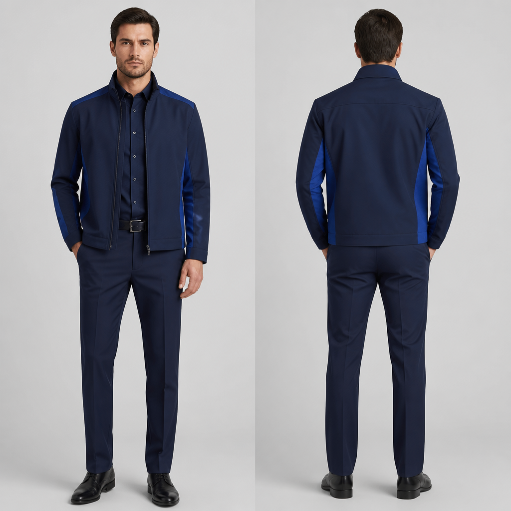 navy blue uniform with some royal blue for motorspares salesman. the top shoul a shirt and jacket. ZW fashion aesthetics.
photorealistic fashion design, navy blue uniform with some royal blue for motorspares salesman. the top shoul a shirt and jacket. ZW fashion aesthetics., just the design no text, show front and back