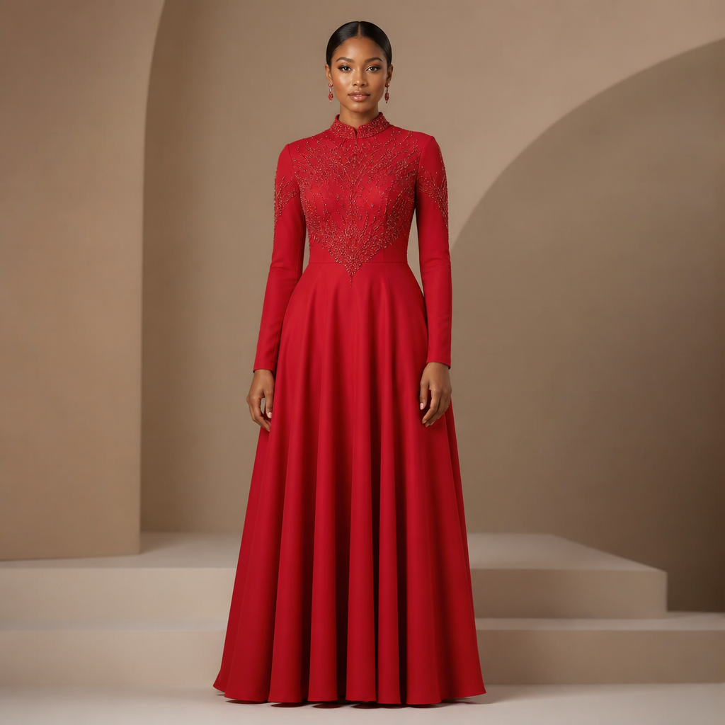 A Dress design, with modest, full coverage: longer hemlines, higher necklines and covered shoulders, suitable for Spring. A long red, traditional dess, with beading on the boobs. South Africa fashion aesthetics. Present it as professional fashion catalogue photography: the garment is the subject, shown full-length with editorial styling, neutral posing and tasteful, non-suggestive framing.
photorealistic fashion design, A Dress design, with modest, full coverage: longer hemlines, higher necklines and covered shoulders, suitable for Spring. A long red, traditional dess, with beading on the boobs. South Africa fashion aesthetics. Present it as professional fashion catalogue photography: the garment is the subject, shown full-length with editorial styling, neutral posing and tasteful, non-suggestive framing., just the design no text