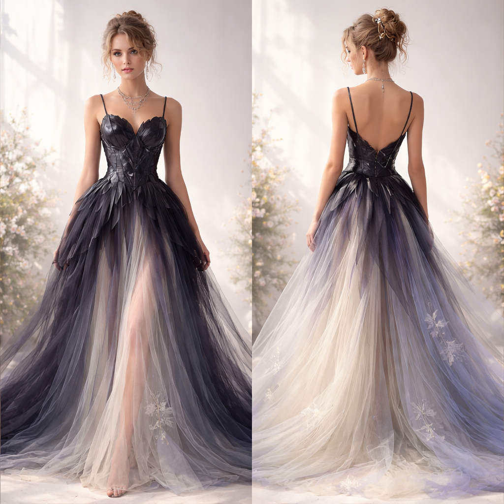 A dress that starts dark and structured at the top (struggles), and flows into light, soft fabric at the bottom (growth and peace).
A dress that starts dark and structured at the top (struggles), and flows into light, soft fabric at the bottom (growth and peace)., gen_z style, show front and back