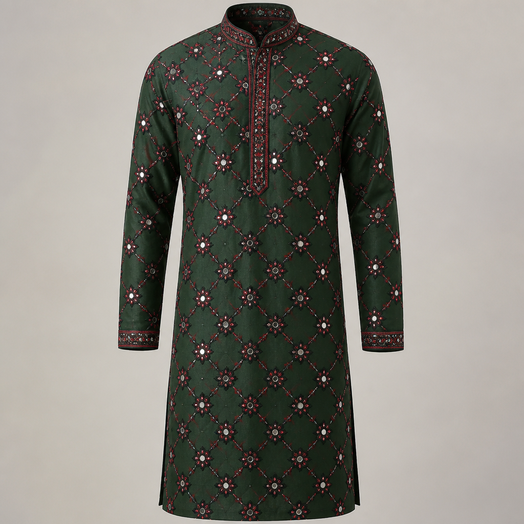 bottle green men festive kurta with all over jaal mirror work embroidery in bright reddish maroon and black colour. Design with modest coverage.
photorealistic fashion design, bottle green men festive kurta with all over jaal mirror work embroidery in bright reddish maroon and black colour. Design with modest coverage., just the design no text