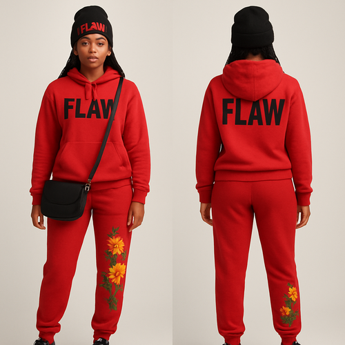 Red jogging suit hoodie with bold words Flaw in abbreviation on it in Black braids gold hoop earrings and gold bracelet flowers one sleeve and pants Black cross body purse and black nike shoes a black beanie saying Flaw in red