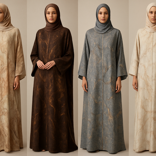 Create a modest boubou, the first of its kind, featuring a unique stone design that exudes a classy and sophisticated vibe. I'd like four designs, each showcasing different styles and fabrics. Incorporate high-end, unique chic stone designs to make them truly special. Add little sophisticated stone designs.